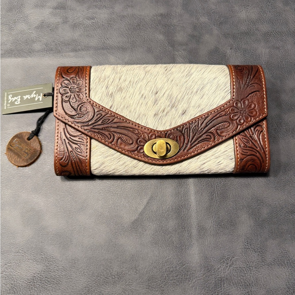 Myra Bag Brown and Cream Embossed Clutch